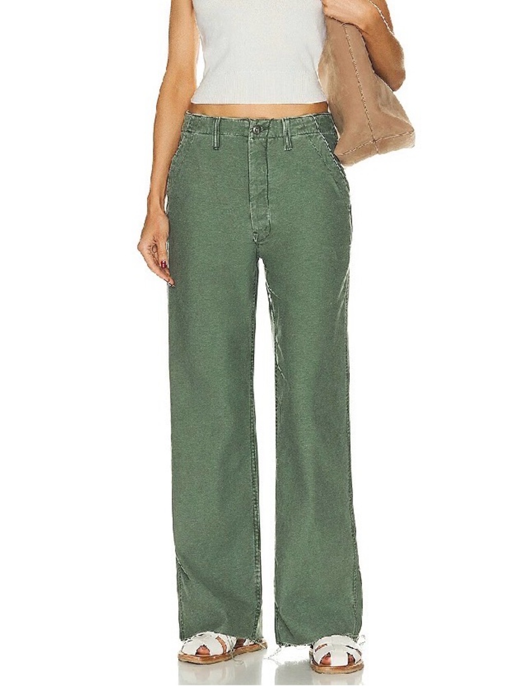 MOTHER Olive Green Wide-Leg Cotton Trousers - Major Sneak Fray in Roger That